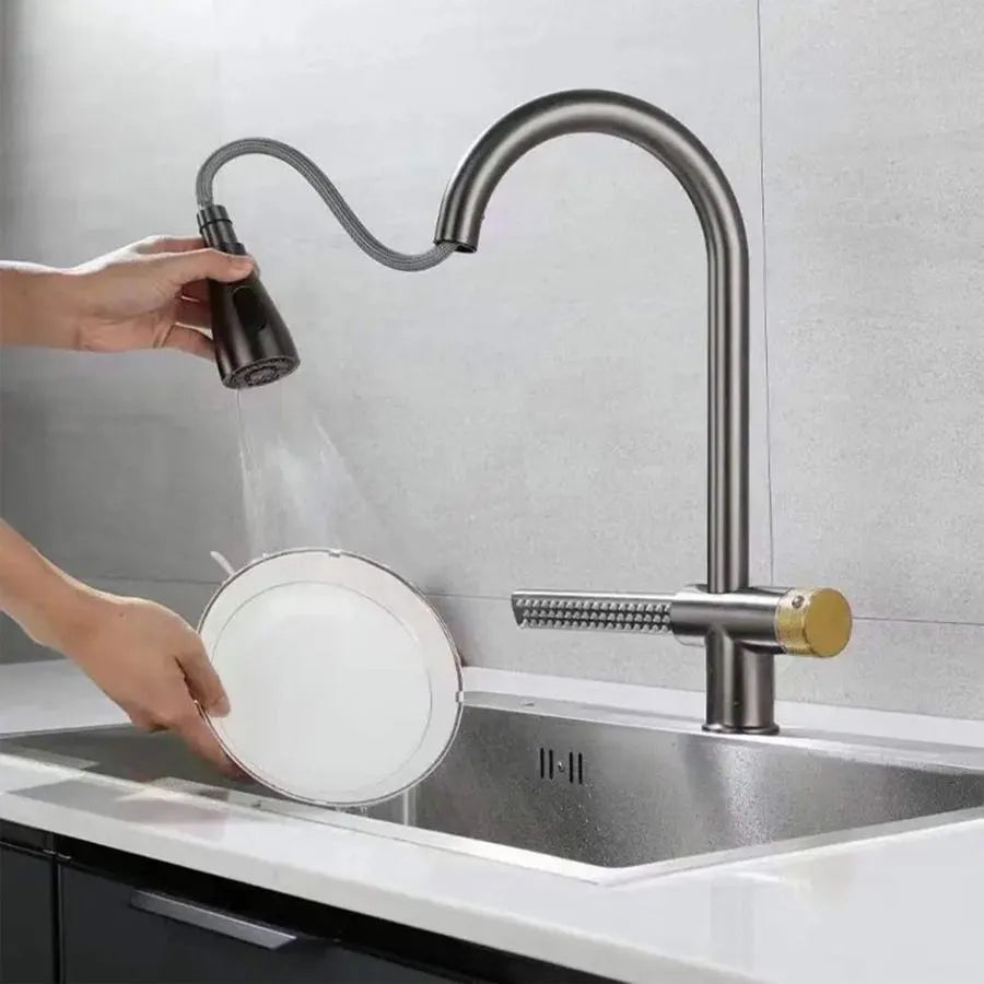 Kitchen Faucet with Pull-out Shower, Gray Stainless Steel, Waterfall Function YB1500N 