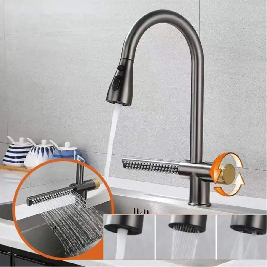 Kitchen Faucet with Pull-out Shower, Gray Stainless Steel, Waterfall Function YB1500N 