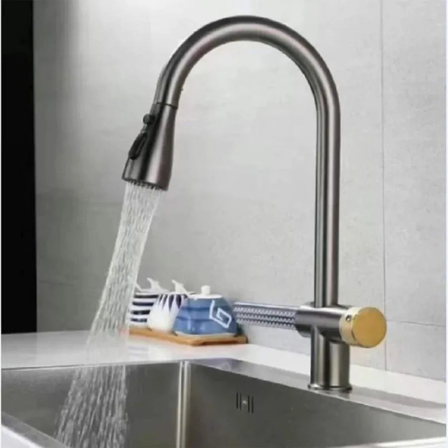 Kitchen Faucet with Pull-out Shower, Gray Stainless Steel, Waterfall Function YB1500N 