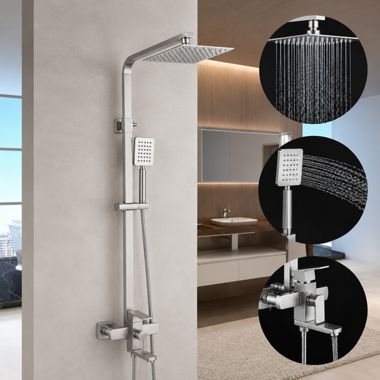 SET Shower column with faucet, Stainless steel, square pear, rain effect, 3 functions, wall mounting, Satin, Accessories Included, LY005