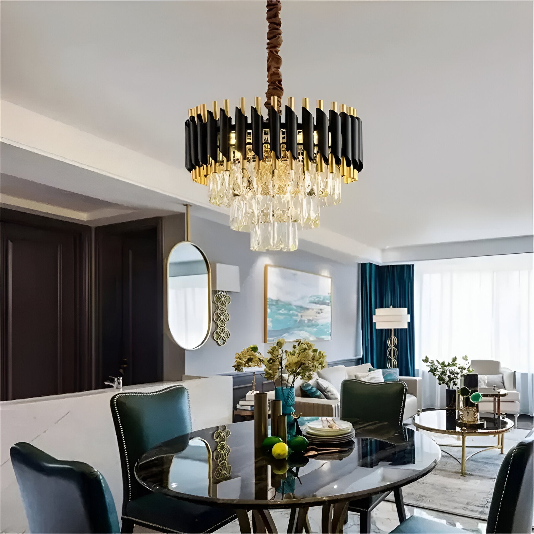 VERSAILLES Petito Crystal Chandelier 3xE14, Diameter 30cm, Shiny Gold and Black, Adjustable Height 