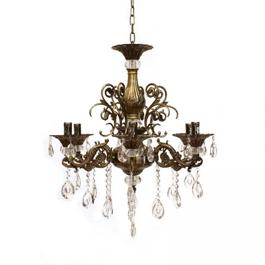 SANSSOUCI Chandelier 6xE14 Metal and Crystal Adjustable Height Antique Brass
