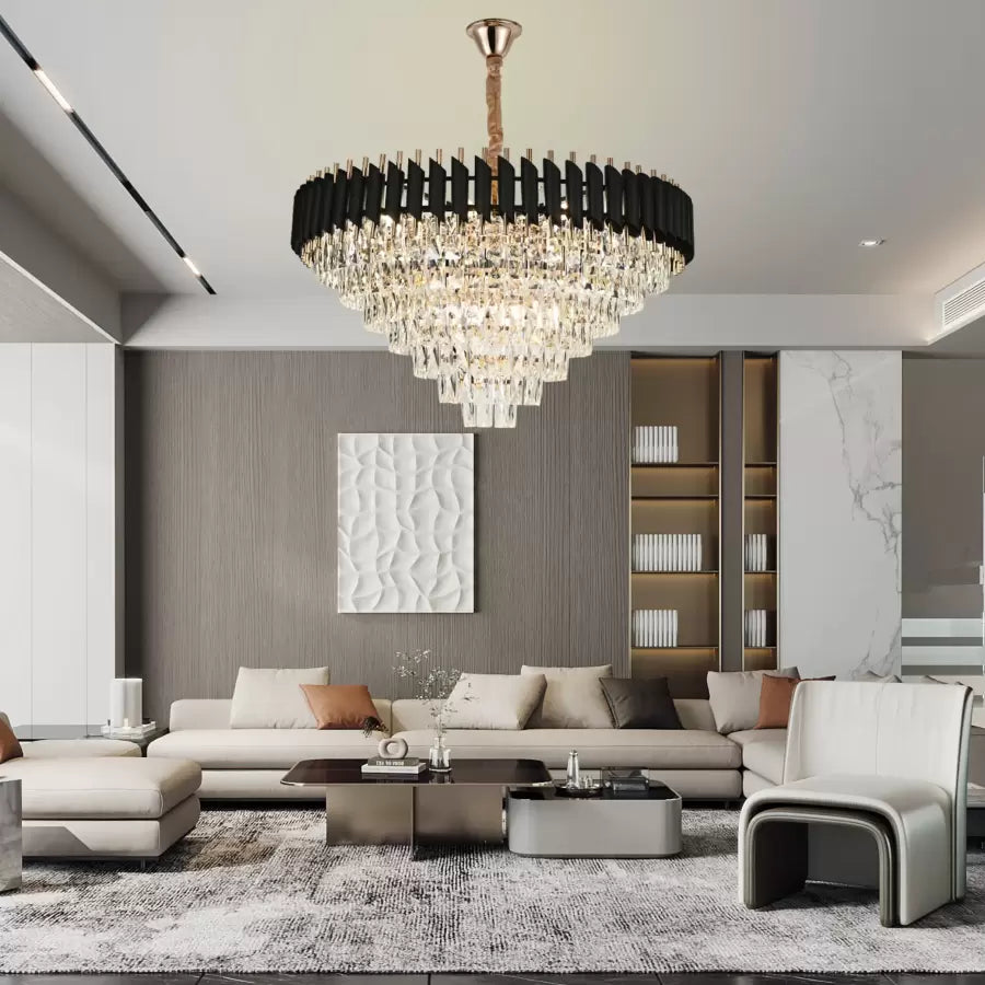 VERSAILLES Supremo Crystal Chandelier 12xE27, Diameter 80cm, Glossy Gold and Black, Adjustable Height 