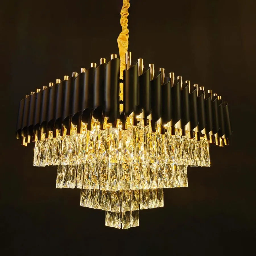 VERSAILLES Eleganza Crystal Chandelier 7x E14, Diameter 49cm, Shiny Gold and Black, Adjustable Height