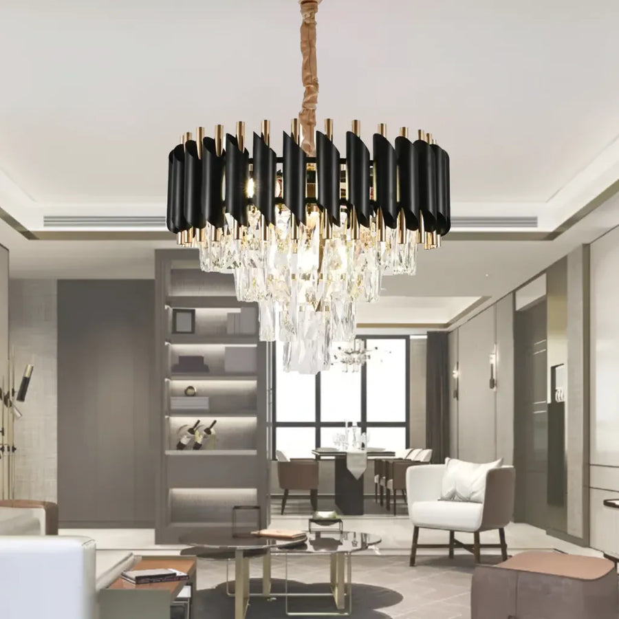 VERSAILLES Nobile Crystal Chandelier 4xE14, Diameter 40cm, Shiny Gold and Black, Adjustable Height 