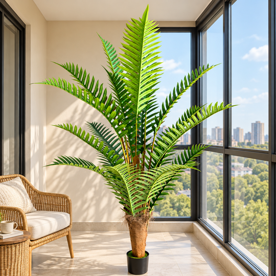 Artificial Royal Palm Tree Plant, 220 cm, 18 leaves, Green, with Pot