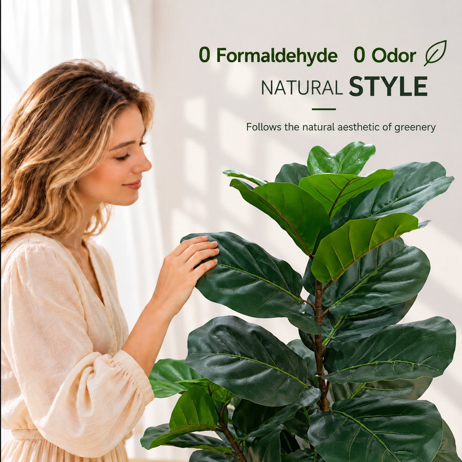 Artificial Ficus Tree Plant, 2 Branches, 67 cm, Green, with Pot