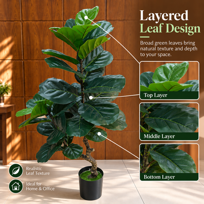 Artificial Ficus Tree Plant, 2 Branches, 67 cm, Green, with Pot