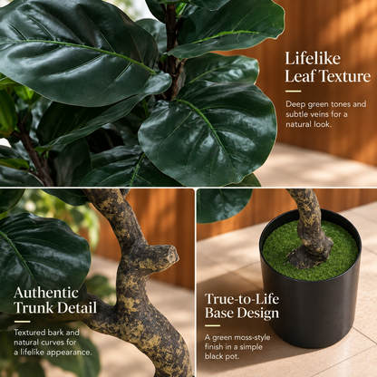Artificial Ficus Tree Plant, 2 Branches, 67 cm, Green, with Pot