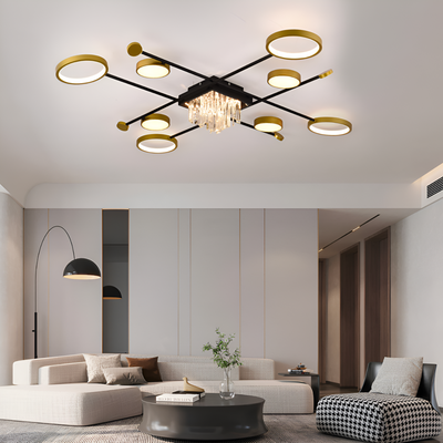 LED chandelier with remote control and crystal GUIDA 46W, 8 Elements, Cold/Warm/Neutral light, Dimmable, Black Gold