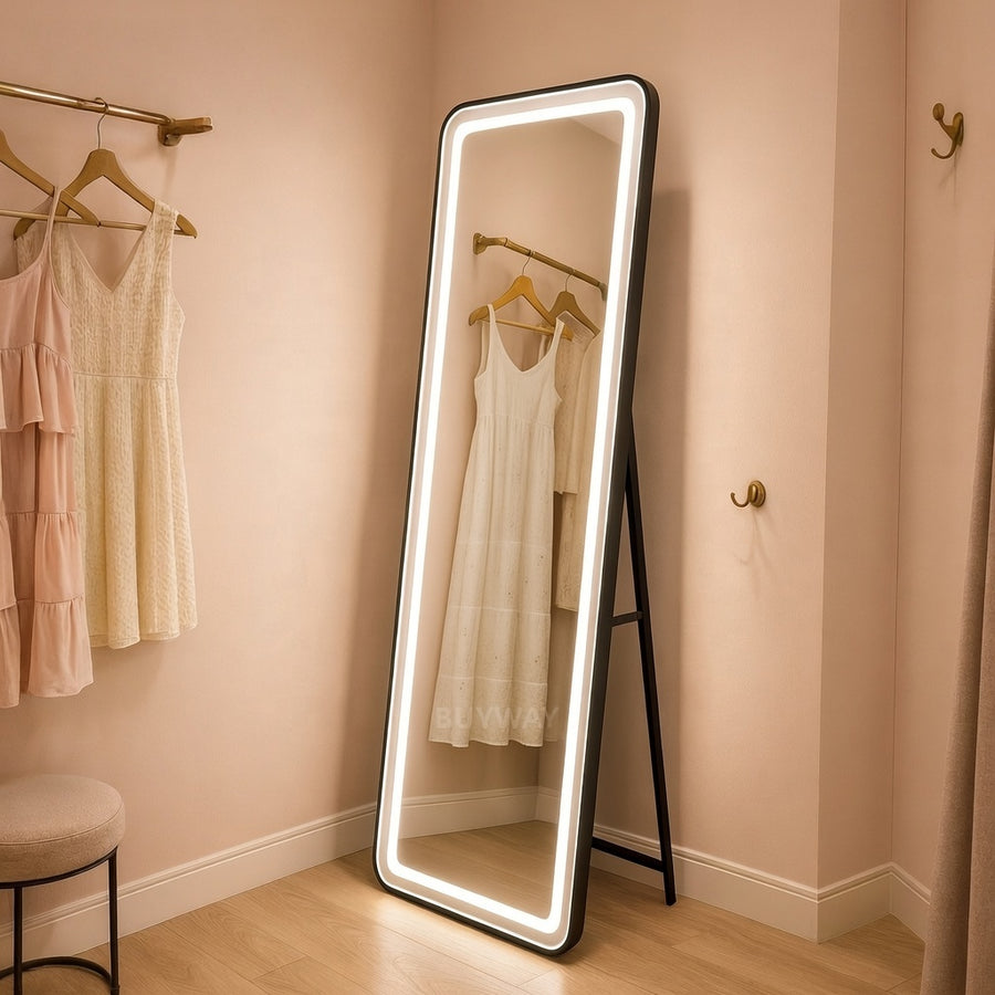 Rectangular LED Mirror, Black Frame, 50x160cm, Dimmable, Cold/Warm/Neutral Light, Dressing Couture