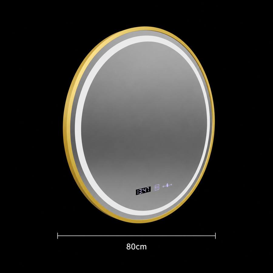 LED Round Mirror, 80cm, Celeste Royale Gold MotionGlow Marcello, Warm/Neutral/Cold Light, Demister System, Clock & Thermometer, Dimmable