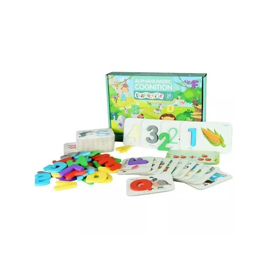 Educational Game Alphabet of Letters and Numbers with Animals, Vegetables and Fruits, Wood and Cardboard