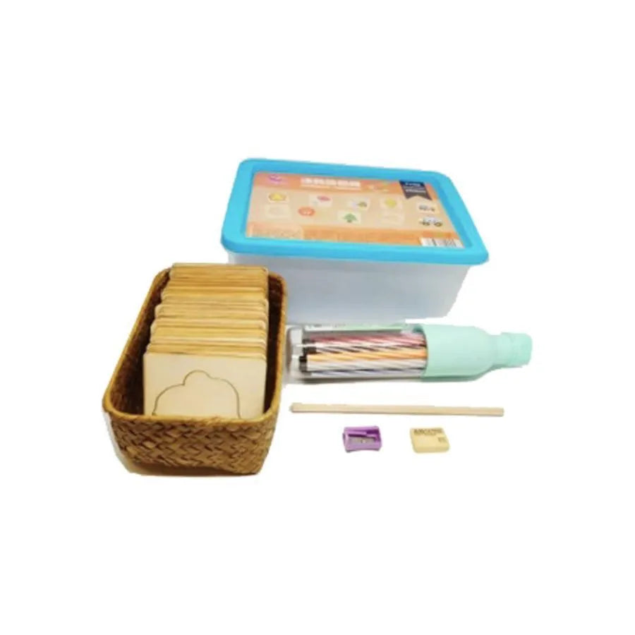 Educational Game Draw Around the Cardboard, Set of 10 Markers, 60 Cardboards, Wood and Plastic