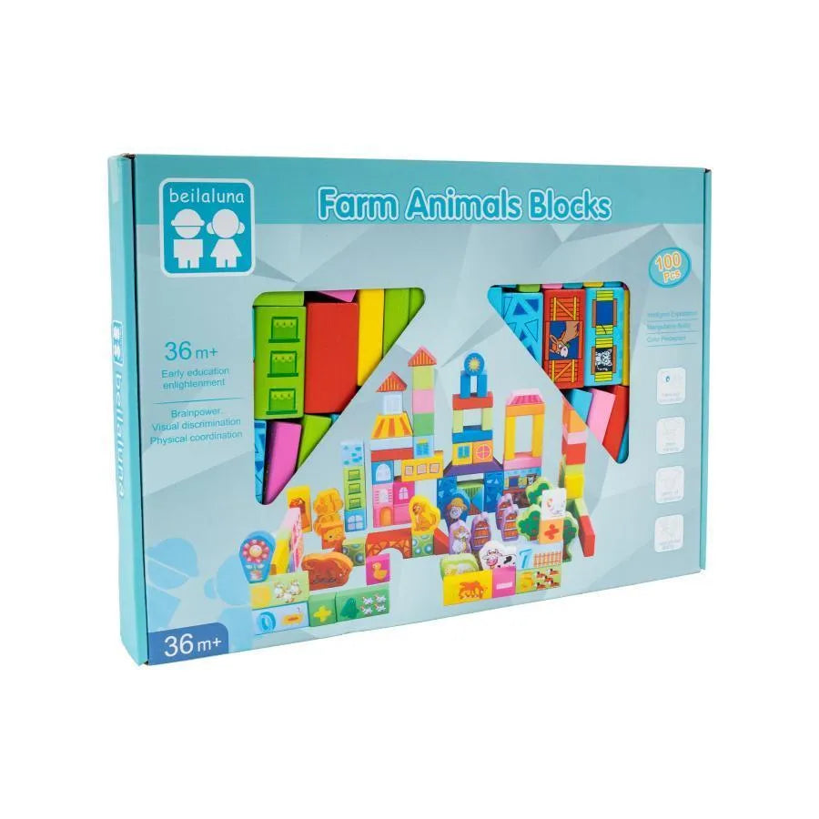 Farm Animals Cube Puzzle Game for Construction, 100 Pieces, Wood
