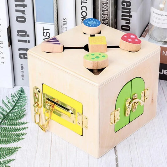 Multifunctional Montessori Educational Toy Magic Lock Cube, 6 Pieces, Multicolor, Wood and Metal