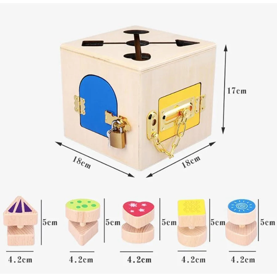 Multifunctional Montessori Educational Toy Magic Lock Cube, 6 Pieces, Multicolor, Wood and Metal
