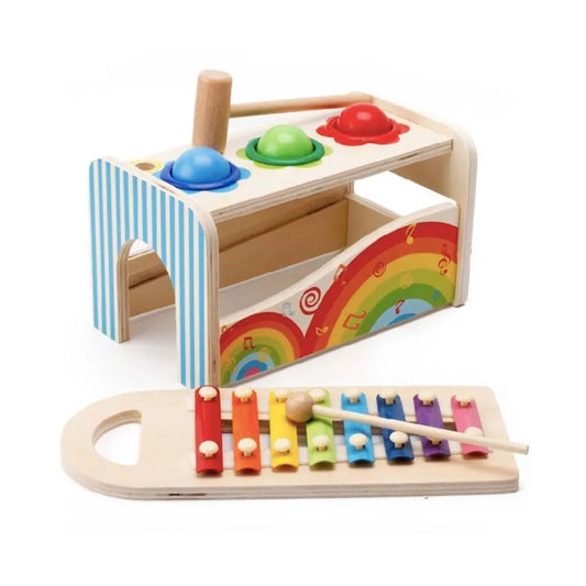 Interactive Toy Music Box with Xylophone and Multicolored Balls, 6 Pieces, Wood