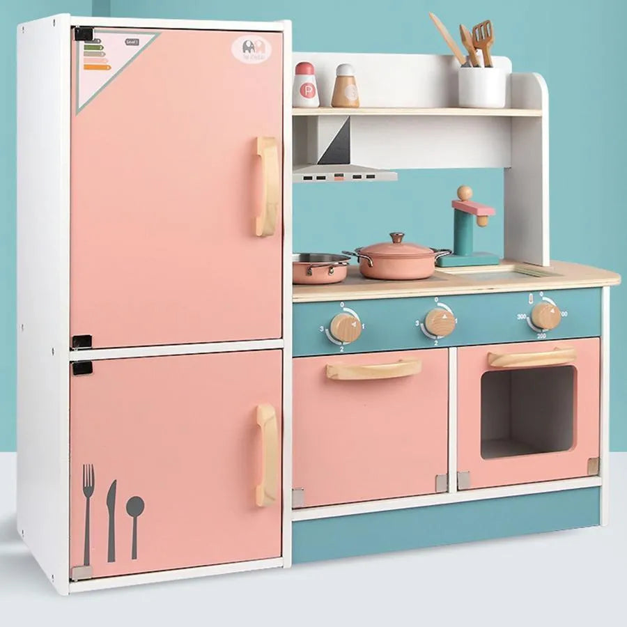 Complete Kitchen Toy with Various Accessories and Refrigerator, 45 Pieces, Turquoise with Pink, Wood