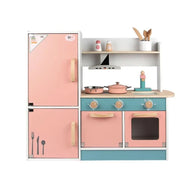 Complete Kitchen Toy with Various Accessories and Refrigerator, 45 Pieces, Turquoise with Pink, Wood