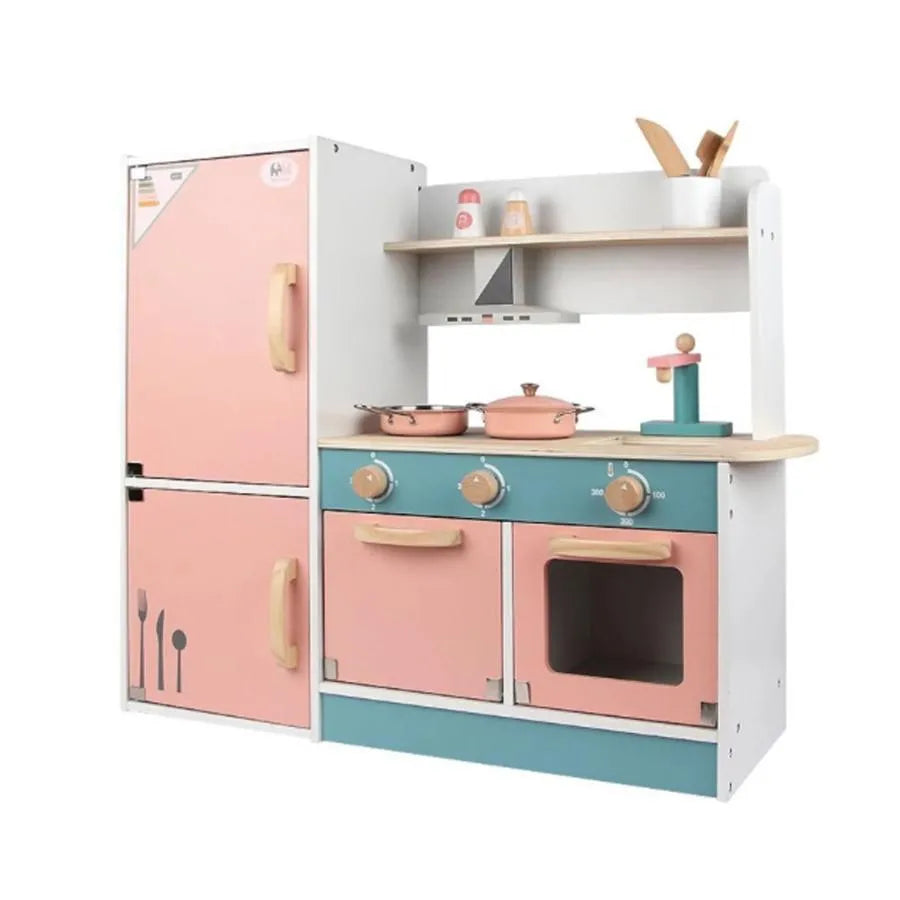 Complete Kitchen Toy with Various Accessories and Refrigerator, 45 Pieces, Turquoise with Pink, Wood