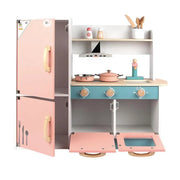 Complete Kitchen Toy with Various Accessories and Refrigerator, 45 Pieces, Turquoise with Pink, Wood