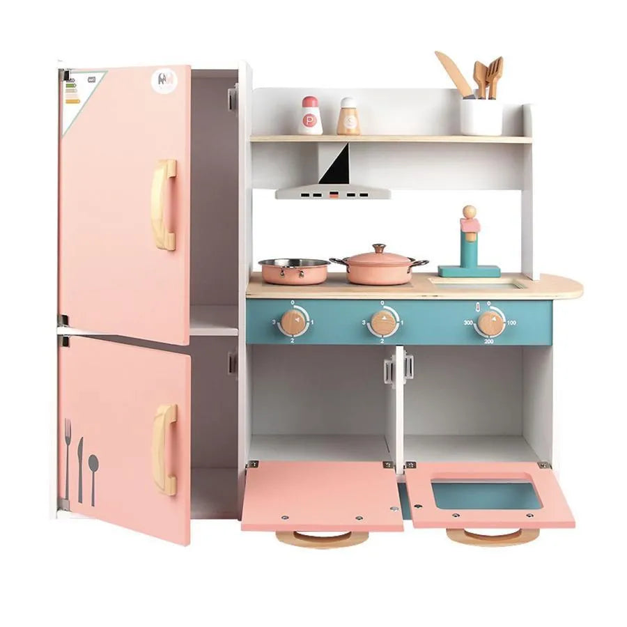 Complete Kitchen Toy with Various Accessories and Refrigerator, 45 Pieces, Turquoise with Pink, Wood