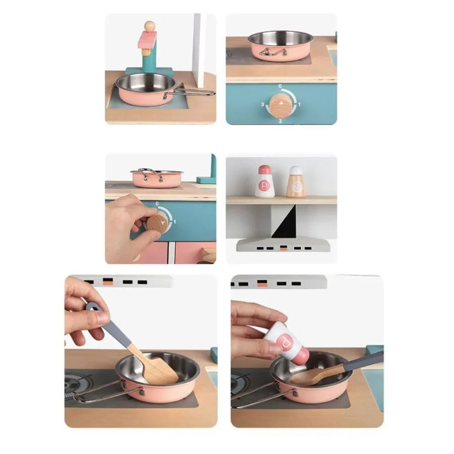 Complete Kitchen Toy with Various Accessories and Refrigerator, 45 Pieces, Turquoise with Pink, Wood