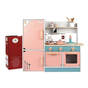 Complete Kitchen Toy with Various Accessories and Refrigerator, 45 Pieces, Turquoise with Pink, Wood