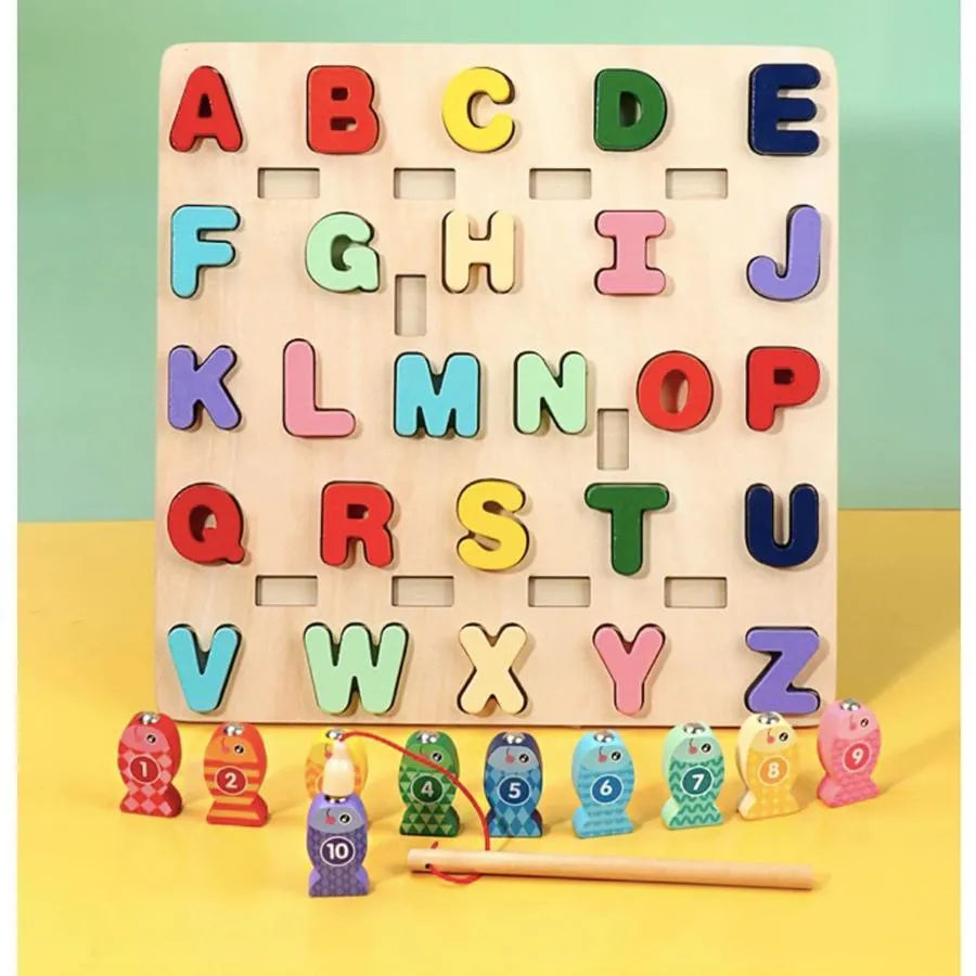 Educational Board Toy with Letters and Multicolored Fishes, 36 Pieces, Wood