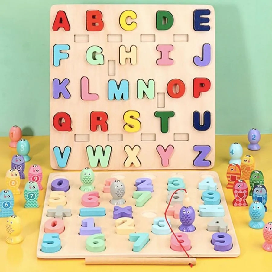 Educational Board Toy with Letters and Multicolored Fishes, 36 Pieces, Wood