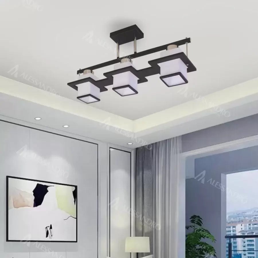 Classic Aramis Chandelier with Wood Square Lampshade 3 X E27 Socket Black White