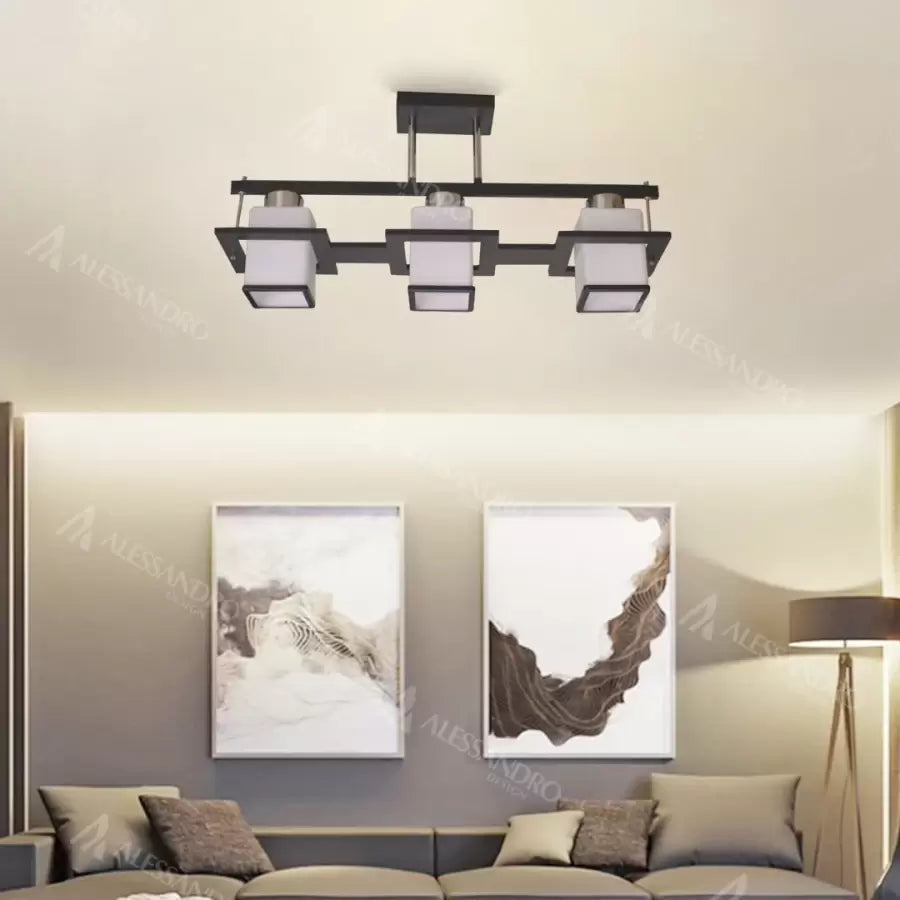 Classic Aramis Chandelier with Wood Square Lampshade 3 X E27 Socket Black White