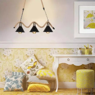 Rope Chandelier, 3*E27, Brown, Metal and Rope