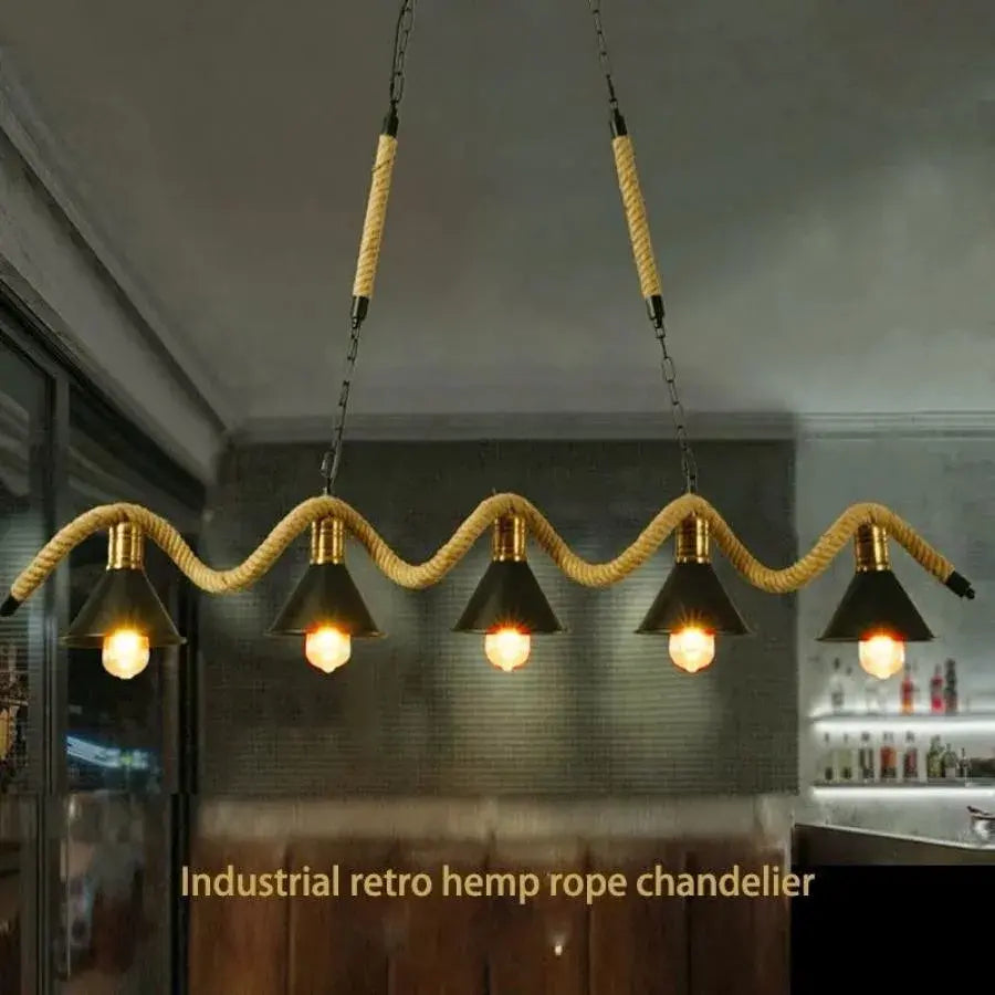 Rope Chandelier, 5*E27, Brown, Metal and Rope