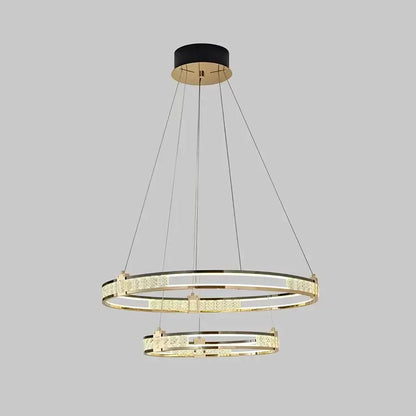 Suspended LED chandelier with remote control and crystal ROGER 100W, 2 Circles, Cold/Warm/Neutral light, Dimmable, Shiny Gold, Adjustable Height