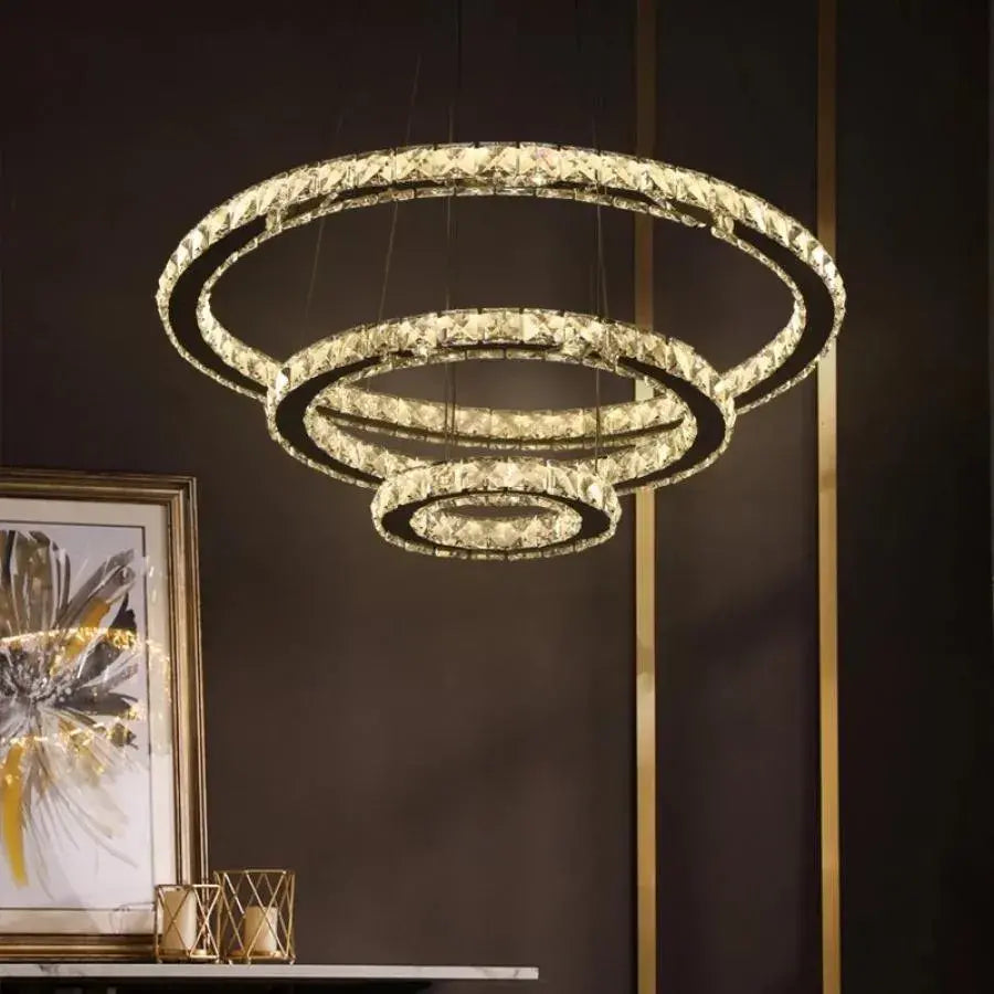 PRISM Luminis LED Chandelier, 78W, Crystal and Metal, 3 Circles, Dimmable, Adjustable Height, Cold/Warm/Neutral Light, Luxurious Lighting
