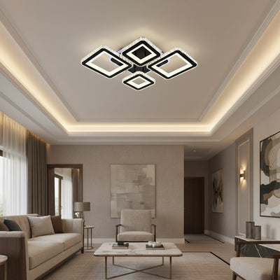 LED chandelier with remote control and crystal QUADRIS RGB 96W, 4 Squares, Cold/Warm/Neutral light, Dimmable, Black