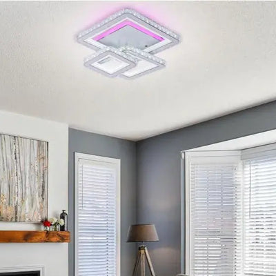 LED chandelier with remote control and crystal LEILA 154W, 3 Squares, Cold/Warm/Neutral light, Dimmable, Shiny Chrome White