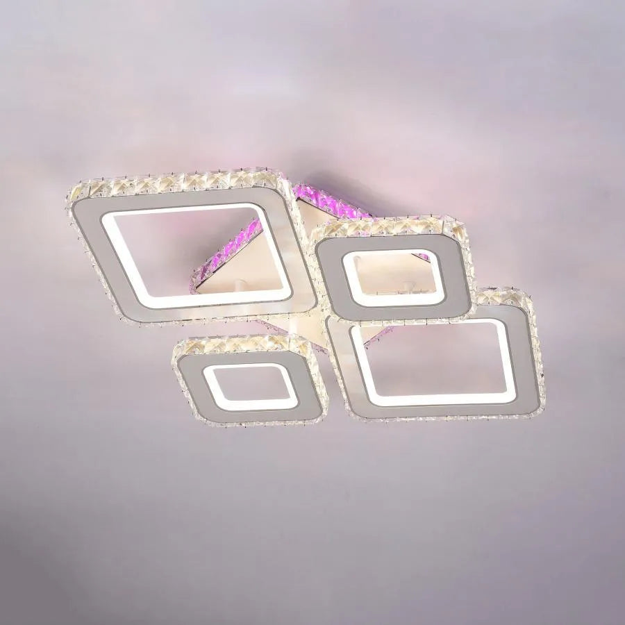 TERRANO LED Chandelier with Crystals, 4 Squares, RGB, with Remote Control, 162W, White &amp; Stainless Steel 