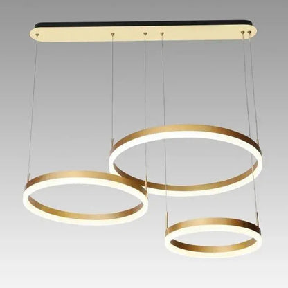 Suspended LED chandelier with remote control PERU 150W, 3 Circles, Cold/Warm/Neutral light, Dimmable, Shiny Gold, Adjustable Height