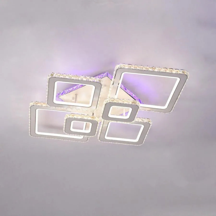 TERRANO LED Chandelier with Crystals, 6 Squares, RGB, with Remote Control, 288W, White &amp; Stainless Steel 