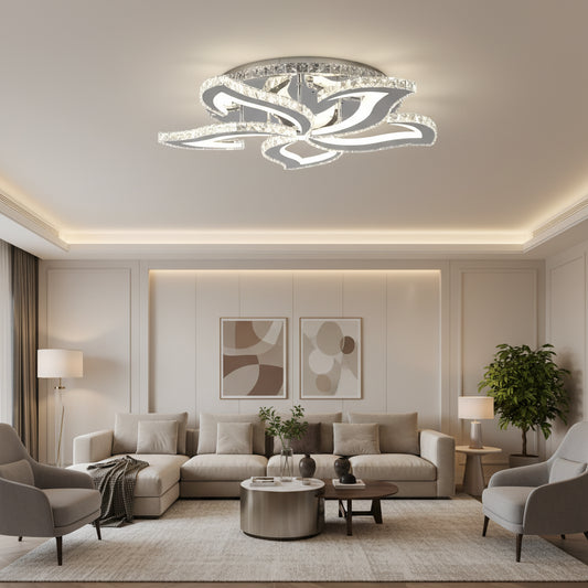 LED chandelier with remote control and crystal Alejandro RGB 88W, 5 Flowers, Cold/Warm/Neutral light, Dimable, Shiny Chrome