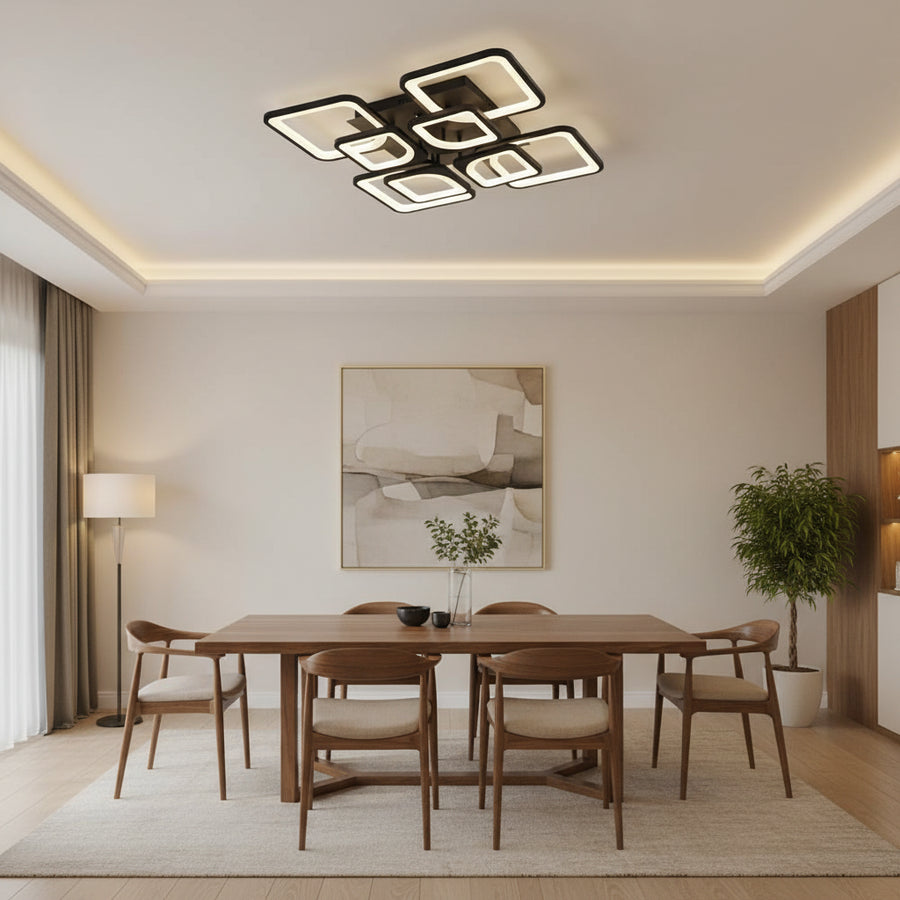 LED chandelier with ZOE remote control, 8 Squares, 138W, Cold/Warm/Neutral Light, Dimmable, Black