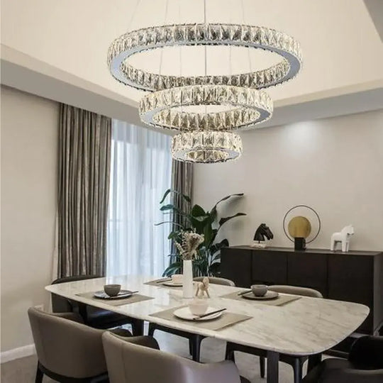 Suspended LED chandelier with remote control and crystal TEATRU 36W, 3 Circles, Cold/Warm/Neutral light, Dimmable, Shiny Chrome, Adjustable Height Crystal LED Chandeliers Default Title Alessandro Design