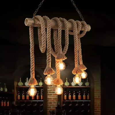 Retro Chandelier, 6*E27, Brown, Bamboo and Rope
