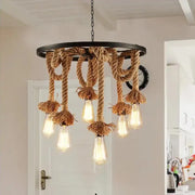 Wheel Chandelier, 6*E27, Brown, Metal and Rope