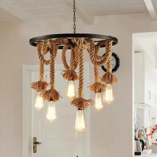 Wheel Chandelier, 6 x E27, Brown, Metal / String Chandelier Vintage Default Title Alessandro Design