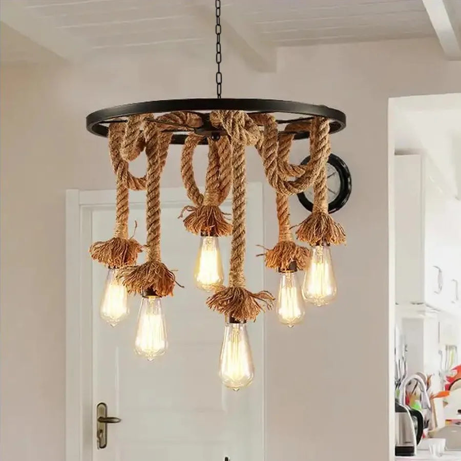 Wheel Chandelier, 6*E27, Brown, Metal and Rope