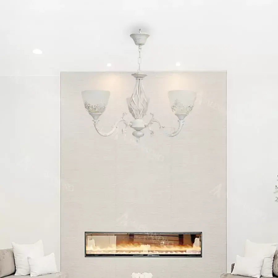 Rustic COTTAGE Chandelier, 3*E27, White, Metal and Glass